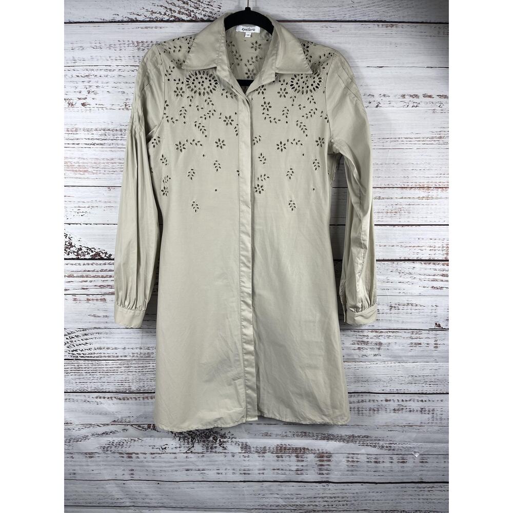 Exetera Shirt Dress Size S Beige Eyelet Embroidered Long Sleeve Button Front